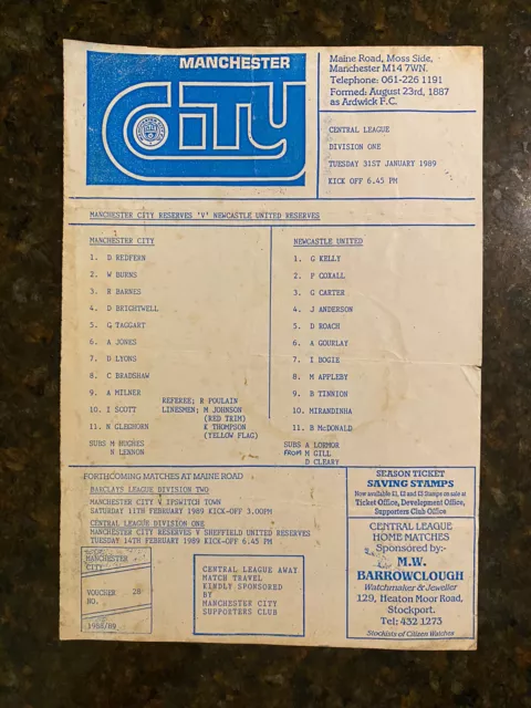 MANCHESTER CITY RESERVES v NEWCASTLE UNITED RESERVES TEAM SHEET 1988/89