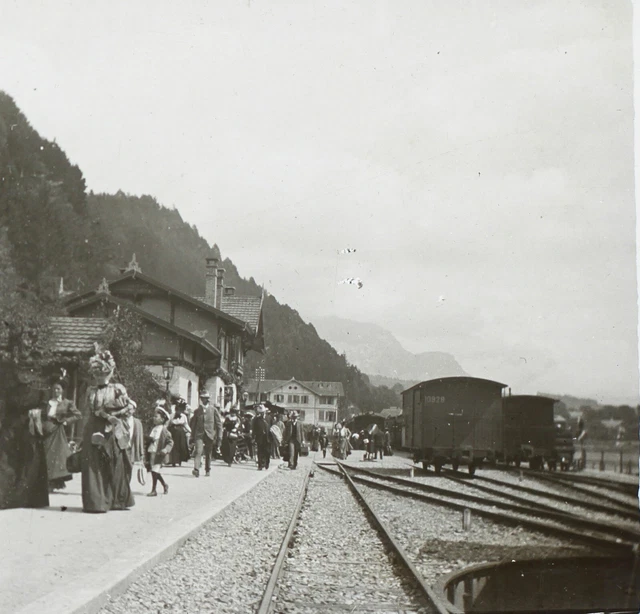 Train Gare ferroviaire Montagne c1900 Photo Plaque de verre Stereo Vintage 