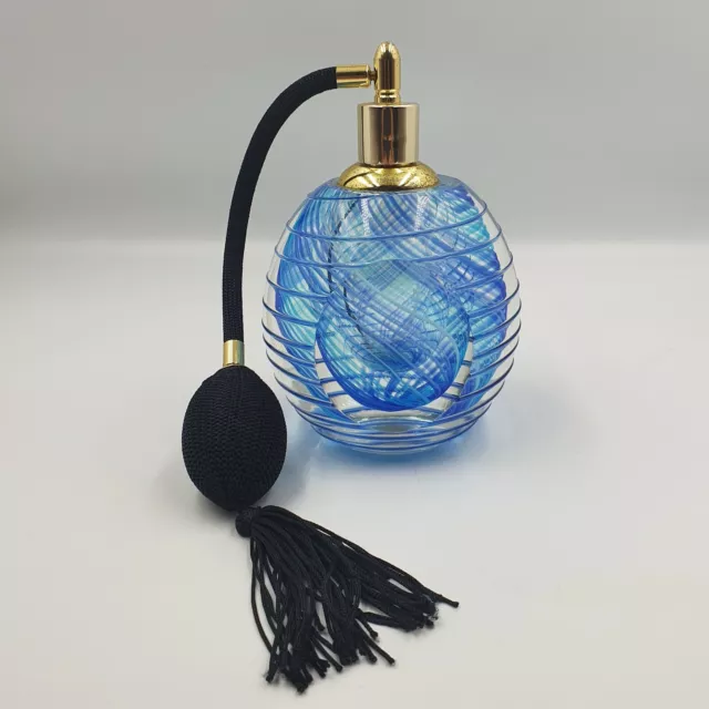 Vintage Murano Style Blue Clear Art Glass Heavy Large Perfume Bottle & Atomiser