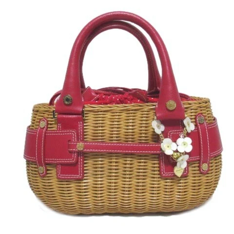 Samantha Thavasa Basket Bag Straw Handbag Red Brown Dot Polka Dots Flower Charm