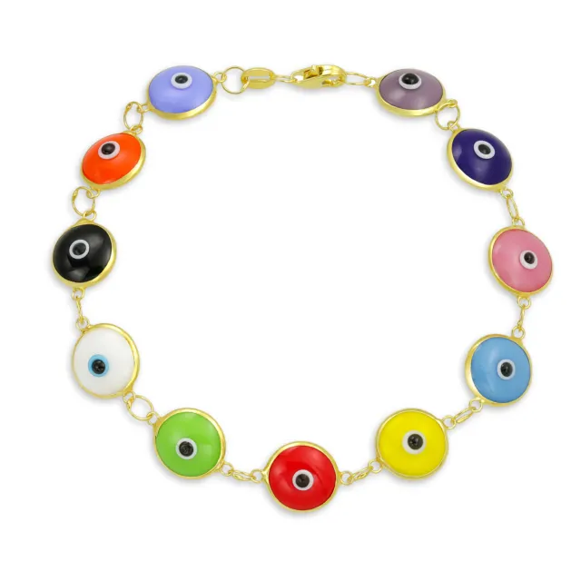 Turkish Multi Colors Evil Eye Glass Bead Bracelet .925Sterling Silver