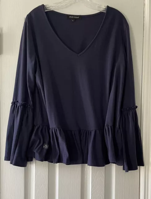 Simply Southern Navy Blue Bell Sleeve Size Large Ruffle Peplum Top Shirt Blouse