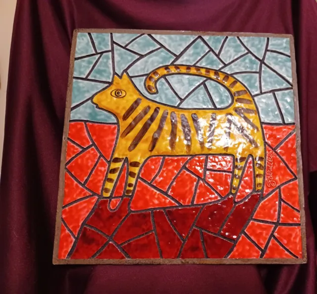 Whimsical Cat 12”X 12 "Ceramic Mosaic Terracotta Tile Signed Wall Hanging Colors