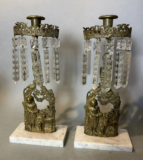 Pair of Antique Victorian Girandole Candelabra Candlesticks with Pretty Prisms