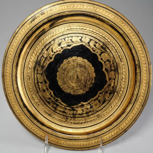 Burmese Antique Lacquerware Black Gold Wood Plates 19thC Peacock Myanmar Ran Yun 4