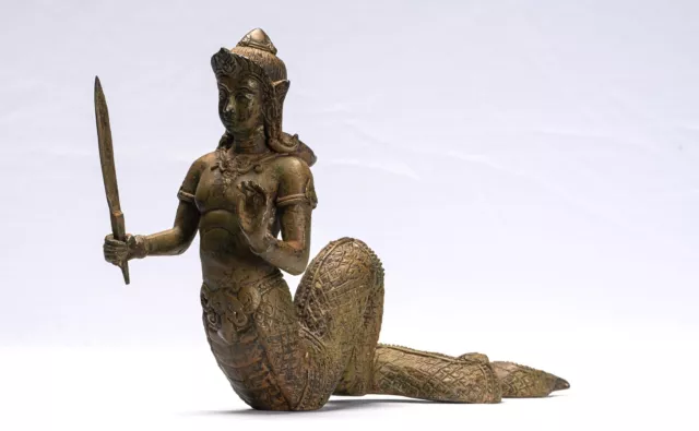 Antique Thai Style Bronze Female Deity with Naga Tail Statue - 22cm/9"