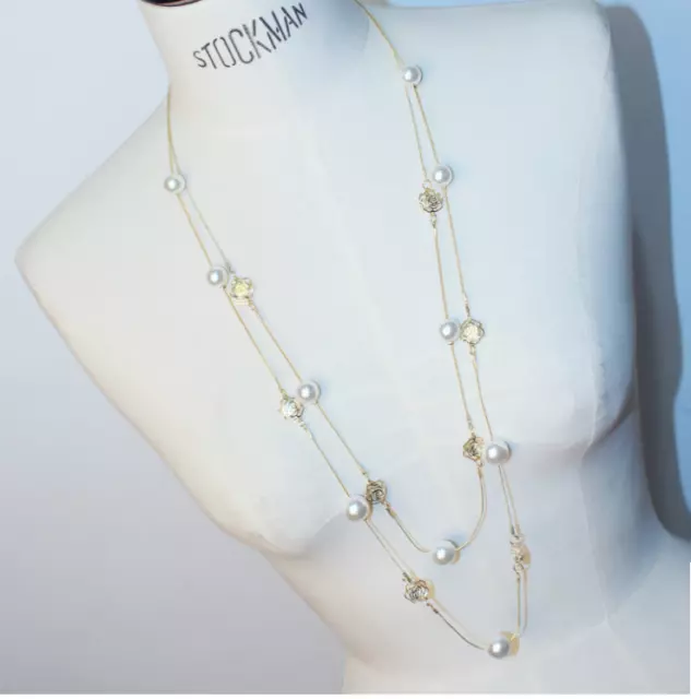 Fashion 18K Gold Simulated Pearl Necklace Rose Flora Double Layer Sweater Chain