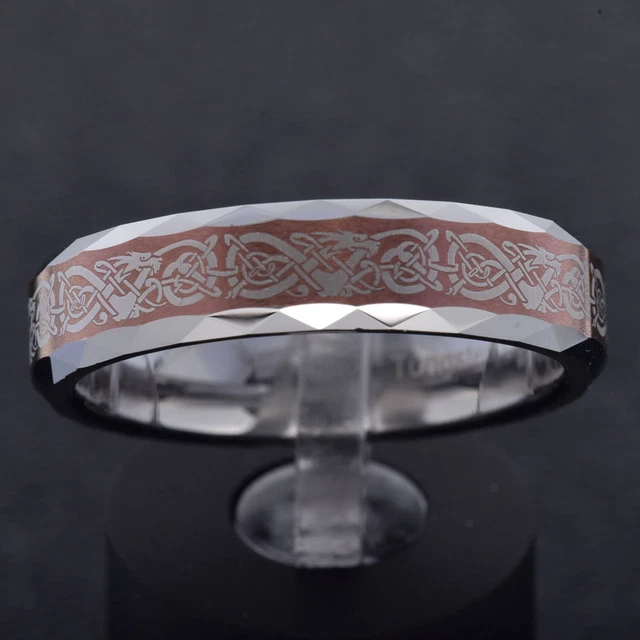 6mm White Tungsten Brown Brush Top Facet Bevel Celtic Dragon Men Wedding Ring