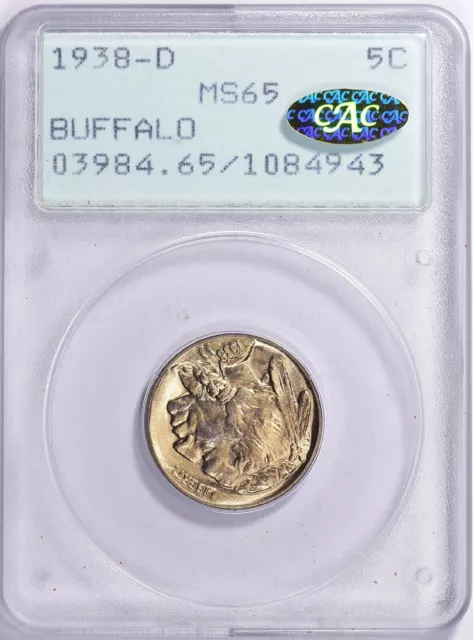 1938-D 5C PCGS 108 Prefix Rattler MS65 Gold CAC Buffalo Nickel 084943