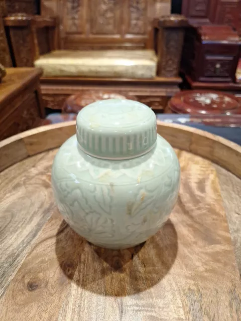 Vintage Chinese Celadon Green Porcelain Ginger Jar Lotus Motifs With Lid