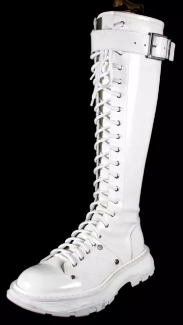 ALEXANDER McQUEEN White Patent Leather Lace Up Buckle Knee High Biker Boots 38.5