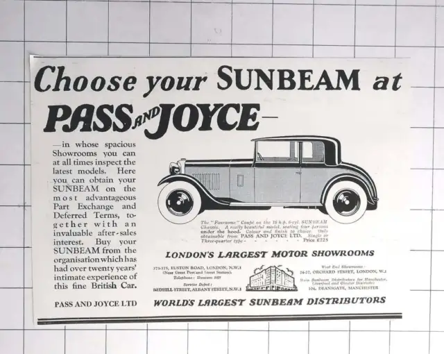 1929 The World's Largest Sunbeam Distributor Pass And Joyce Ltd