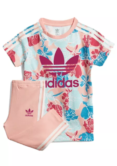 Adidas Leggings Abito Ragazza 6-9 mesi Maglietta Set Abito Floreale Multicolore Rosa