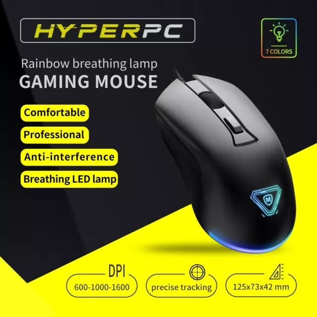 Rainbow LED Gaming Mouse 1600 DPI 4 Button USB Wired for PC Laptop Comfort Grip