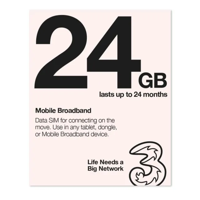 Three Mobile Pay As You Go Mobile Broadband 24 GB data SIM