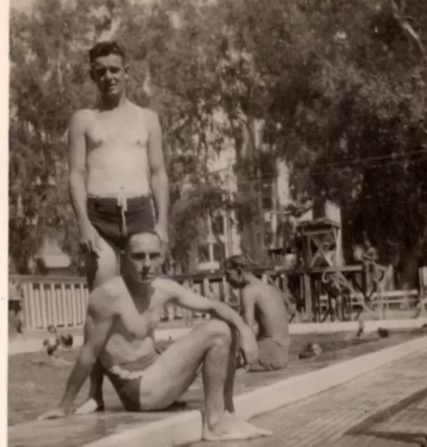 RPPC Two Young Men at Bathing Swimming Pool Heliopolis Egypt WW2 Era Postcard