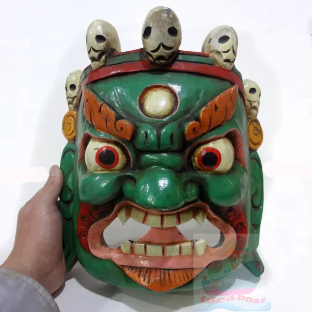 Wood Hand Carved Painted Tibetan Buddhism NUO MASK Walldecor-Mahakala Tall 28cm