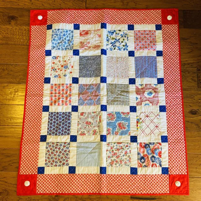 Handmade Quilt Child Baby Lap Blanket Machine Quilted 45"X38" Red White Blue