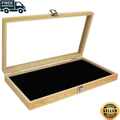 Wooden Jewelry Display Case with Tempered Glass Top Lid Removable Display Pad