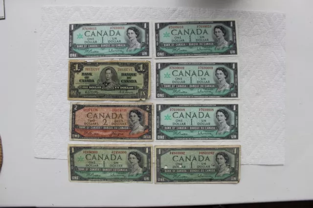 Canada Banknotes, 2 Dollars Devil’s hair, 1 Dollar 1967 (4 consec), 1Dollar 1937