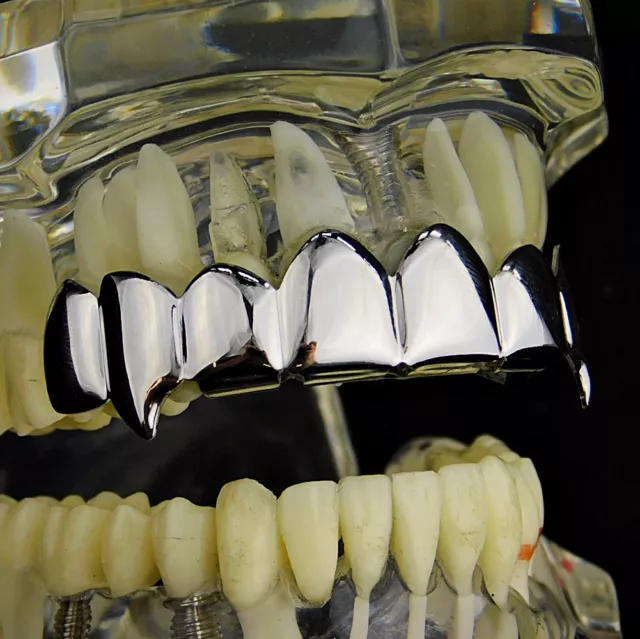 Fang Grillz Eight Top 8 PC Teeth Silver Tone Fangs Hip Hop Vampire Mouth Grills