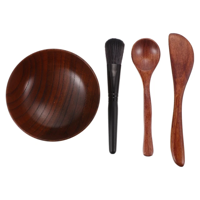 4 Pcs Four Piece Facial Mask Bowl Face Brush Applicator Wooden Salad Set Smooth