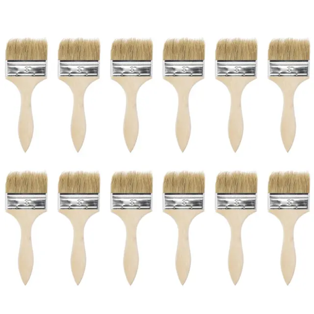 3 Inch Paint Brush Natural Bristle Flat Edge Wood Handle for Painting 12Pcs