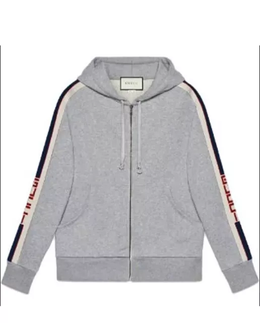 Gucci Grey Web Stripe Hoodie Sweatshirt Size S 497250 Zipper Hood Logo Luxury