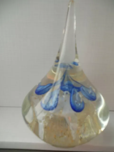 Glass Onion Paperweight Clear with Blue Base & White Bubbles Gold Flecks /Bubble