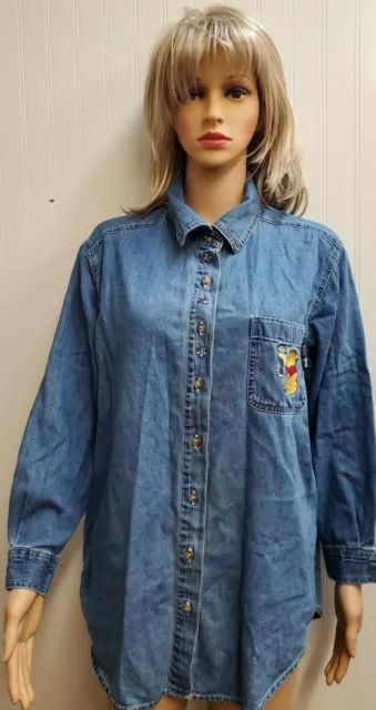 Disney WINNIE The POOH Denim Embroidered VTG Button Up Shirt Size 14w/16w  HC