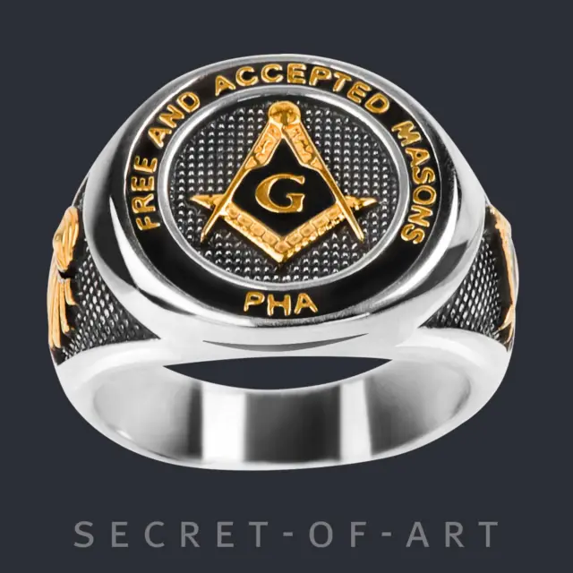 Masonic Ring for Freemason Masonry PHA Prince Hall 925 Silver & 24K-Gold-Plated