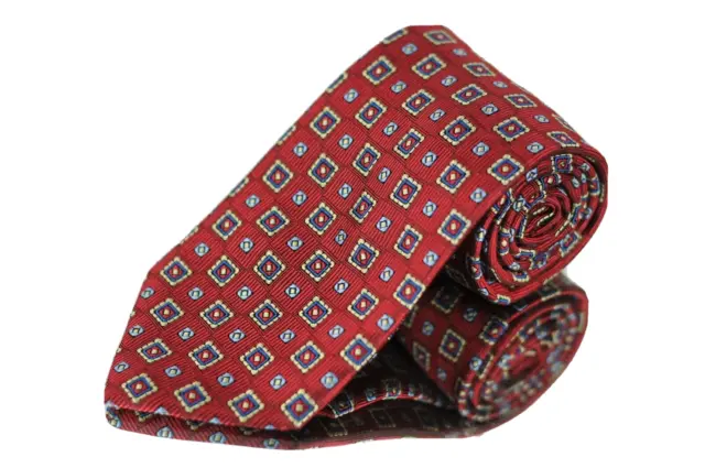 Jos A Bank Men's Tie Red Blue & Tan Geometric Woven Silk Necktie 60 x 3.5