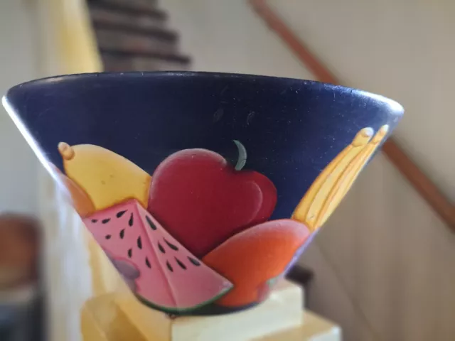 Colorful Vintage Folk Art Turned Wooden Painted Fruit Bowl Navy 10"