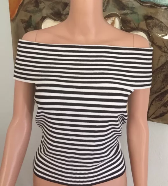 INC International Concepts Woman's Black/White Striped Off-Shoulder Blouse Med