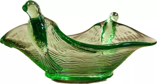 Vtge Dugan Twin Doves Bowl Green Vaseline Uranium Art Glass Candy Serving Dish