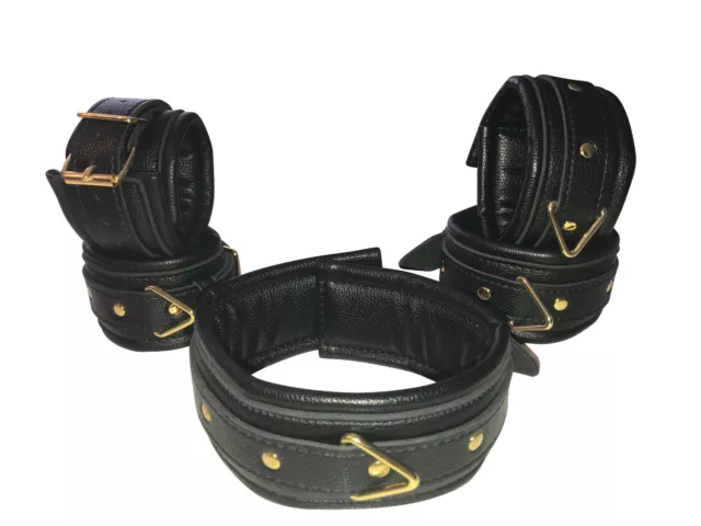 Bondage Set Gold Leder Fesselset Handfesseln Fußfesseln Halsband gepolstert