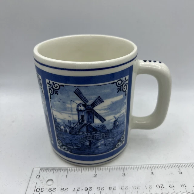 Delft Blauw Mug Cup Hand Painted Holland Blue Windmill Flowers Two Sided Vintage