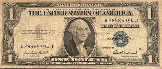 1935 Series F One Dollar Blue Seal Note Silver Certificate Old US Bill $1 Money 2