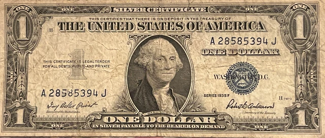 1935 Series F One Dollar Blue Seal Note Silver Certificate Old US Bill $1 Money 2