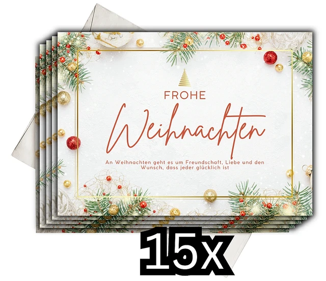 Weihnachtskarten Set 15 Stück mit 15 Umschlägen, DIN A6, Grußkarten, Postkarten