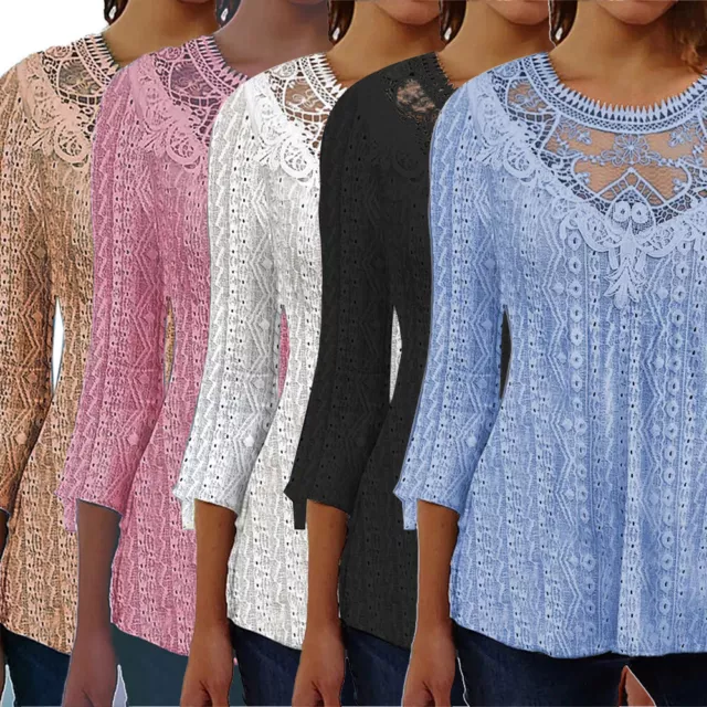 Lady Blouse Tops Tunic Pullover Tees Lace 3/4 Sleeve Casual Solid Round Collar O