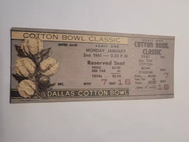 1961 Cotton Bowl REPLICA ticket Duke Blue Devils vs Arkansas Razorbacks