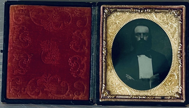 1860s Bearded Gentleman 1/6 Plate Tintype Photograph Latched Leather Case