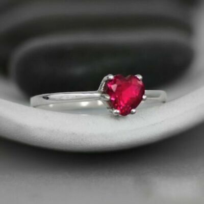 1Ct Heart Cut Red Ruby Lab-Created Solitaire Wedding Ring In 14K White Gold Over