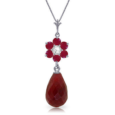 Genuine Ruby Briolette Round Gems Diamond Flower Pendant Necklace 14K Solid Gold