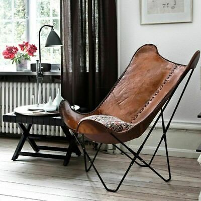 Caramel Color Handmade Leather Stitch Butterfly Full Folding Iron Relax Armchair