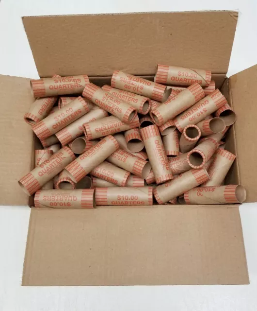 100 Rolls Preformed Coin Wrappers Paper Tubes For QUARTERS (Holds $10 Each) NEW