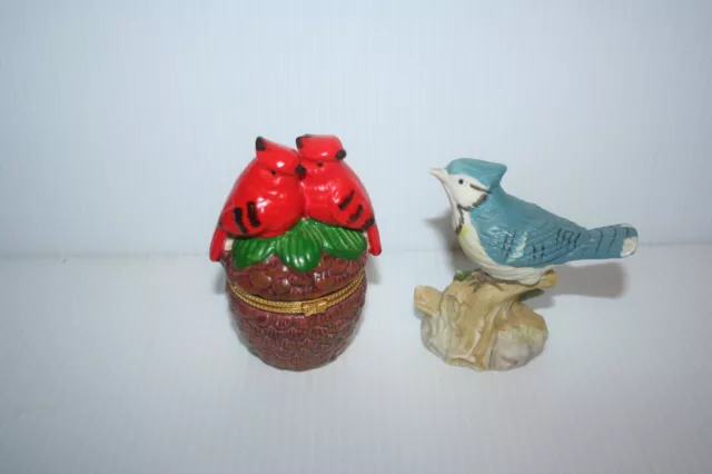 Lot of 2 Hand Painted Art Pottery Bird 1 Cardinal Gift Box & 1 Blue Jay Figurine