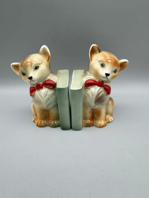 Vintage Retro Kitsch Ceramic Cats With Red Bows Book Ends Ornaments