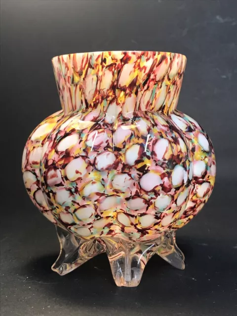 Antique Franz Welz Harlequin Honeycomb Splatter Glass Vase 1890-1920 Pink Yellow